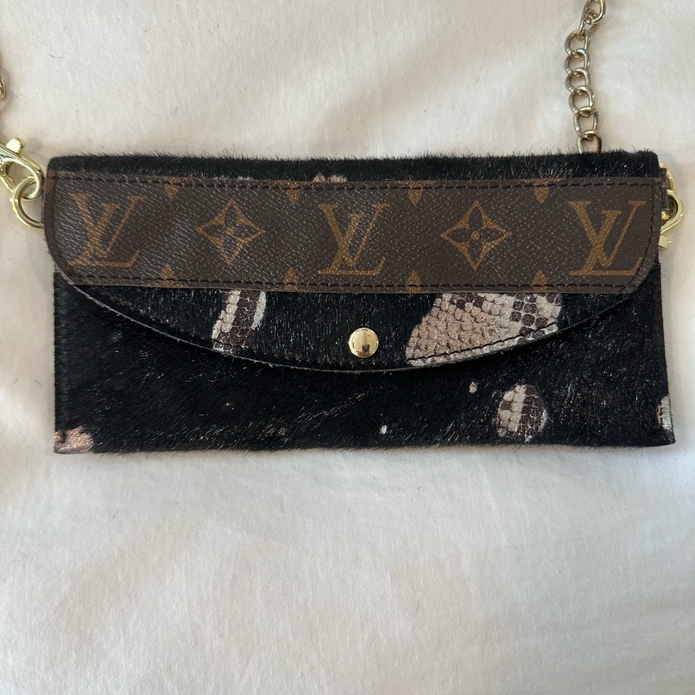 Repurposed Louis Vuitton Black and Brown Clutch with Gold Chain
